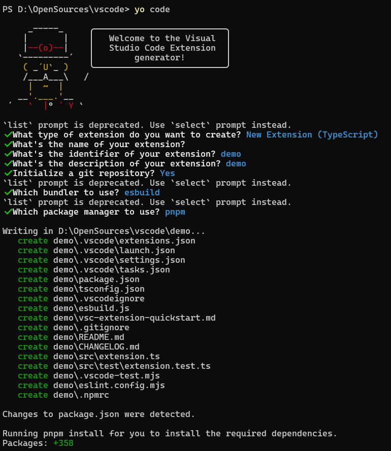 使用 yo code 创建 VS Code 扩展项目的交互过程