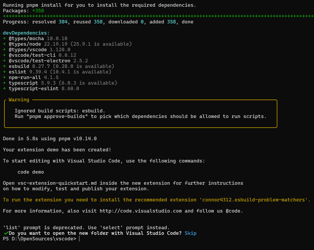 yo code 完成依赖安装后的输出结果